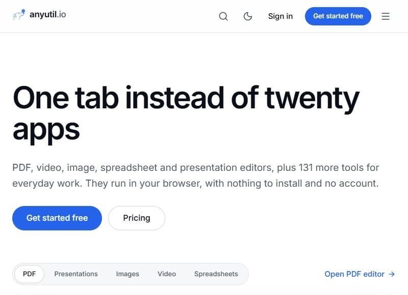 The anyutil.io home page